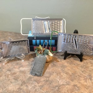 Kitchen Utensils, Skyline Burnley West Germany, Made in Hong Kong Green Handles, Ekco Black Handle, or Foley silver Flat Shredder Grater