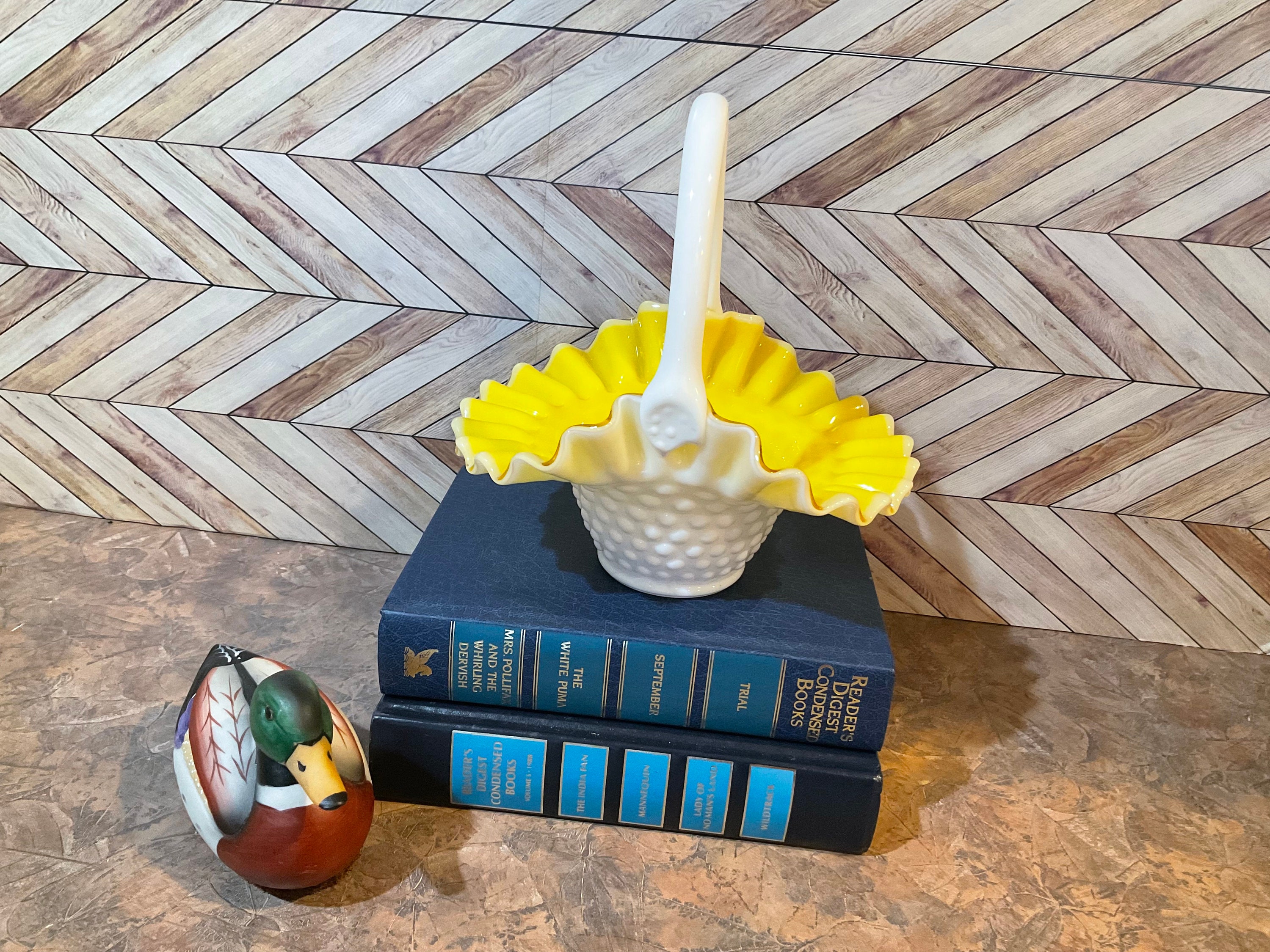 FENTON イエロー ミルクガラス オーバーレイ ホブネイル メロン