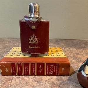 Wasaga Beach Canada Leather Covered Glass 6&quot; Flask,  Vintage Retro Souvenir