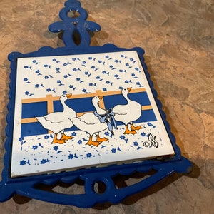 Trivet Tile Hot Plate 60's Bright Flowers, Cast Iron Coasters Hotplate Wall Decor Gothic Victorian Boho, Blue Bow Goose Geese Trivet image 5