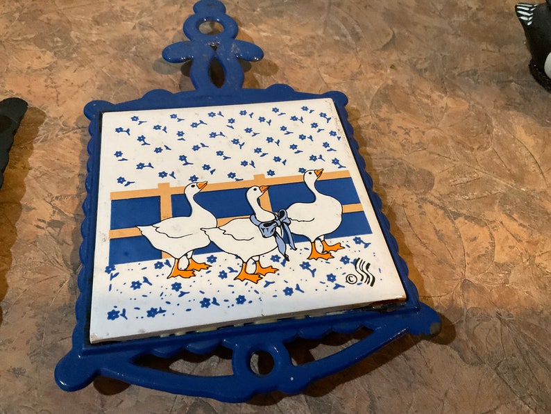 Trivet Tile Hot Plate 60's Bright Flowers, Cast Iron Coasters Hotplate Wall Decor Gothic Victorian Boho, Blue Bow Goose Geese Trivet image 5