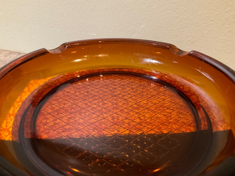 AMBER GLASS ASHTRAY Waffle Diamond Bottom Heavy, 8 In, Mid Century