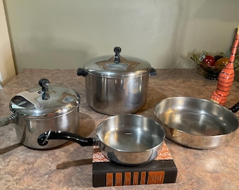 FARBERWARE 8 quart Stock Pot, 10 inch Frying Pan, 3 Quart Pot, 7 inch Frying Pan Skillet Aluminum Clad Stainless Steel Bottom, vintage