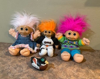 Troll Doll 90s Denim Girl Dress Plush Fabric Soft Body, Bennie Pink Hair Green Sweater Corduroy, or Giants MLB