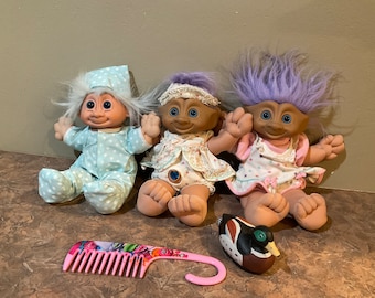 Troll Ace Novelty, Lavender Hair Blue Gray Eyes Purple Star Jewel, Troll  Doll polka dot Pj, or Treasure Trolls Blue Heart, 90s Toys