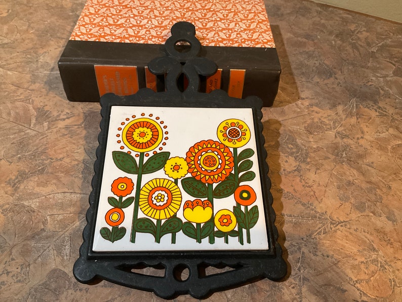 Trivet Tile Hot Plate 60's Bright Flowers, Cast Iron Coasters Hotplate Wall Decor Gothic Victorian Boho, Blue Bow Goose Geese Trivet image 7