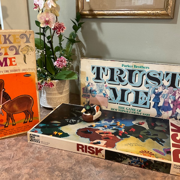 Risk Board Game published by Parker Brothers with instructions 1978, Trust Me Game 1981, or Pin The Tail On The Donkey Game Whitman 4799