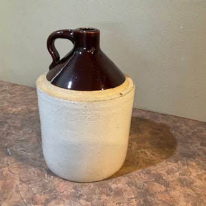 Stoneware 1 Gallon Crock Jug, Two-Tone Brown White, Whiskey Moonshine Shoulder Jug, Old Rustic Farmhouse Decor, Antique