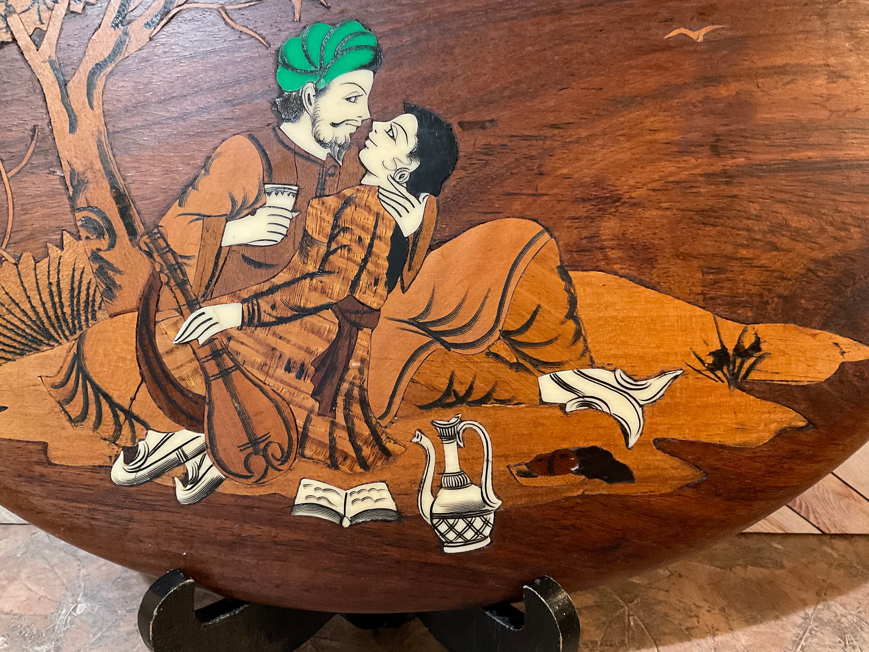 INLAID WOOD Plaque Asian Art Indian Rosewood & Bone Engraved INLAID WOOD Plaque Asian Art Indian Rosewood & Bone Engraved