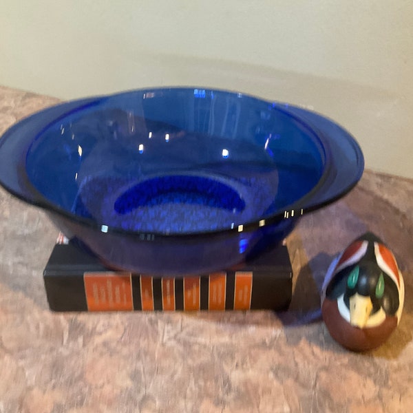 Cobalt Blue Anchor Hocking Glass Casserole Dish with Handles, For Baking and Serving 9" Handled Blue Glass Baking Dish, 2 Quart Vintage