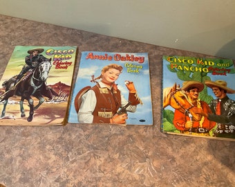 Libros para colorear de Annie Oakley, Cisco Kid y Poncho, juego de 3, libro para colorear vintage de Whitman con algunas páginas coloreadas