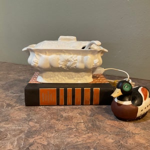 Puede incluir: Una sopera de cerámica blanca con tapa y cucharón, decorada con diseños florales y de frutas en relieve. La sopera está sobre una pila de libros con una figurita de pato marrón a su lado.