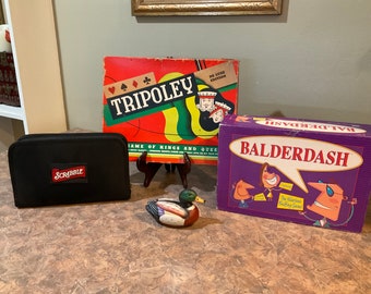 Deluxe Tripoley Game, Vinyl Mat with Original Box 1957, Balderdash Board Game 1994, or Scrabble Folio Travel Edition - Parker Brothers