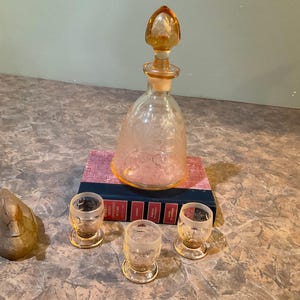 May include: A vintage glass decanter with a stopper, sitting on a book, with three small shot glasses and a decorative duck figurine. The decanter and glasses have a delicate, etched design. The stopper and the top of the decanter are amber-colored.