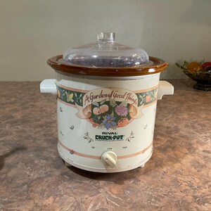 Vintage Rival Crock-Pot A Garden of Good Things Långkokare Stengods Blommig Grönsaksdesign, Rival Bröd 'N Cake Bake Kylplatta