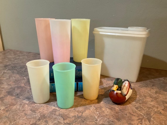 Tupperware Cups Tumblers, 107 and 116 Series, Set of 6 Pastel 3 16 Oz and 3  8 Oz, or Tupperware Shear Cereal Container 469-1 With Lid 