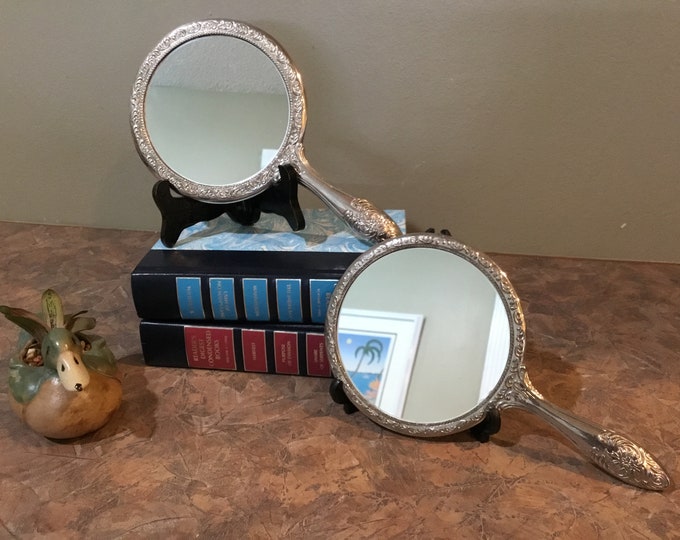 Victorian Silver Handheld Mirror, Heavy Art Deco 1960s Antique Hand