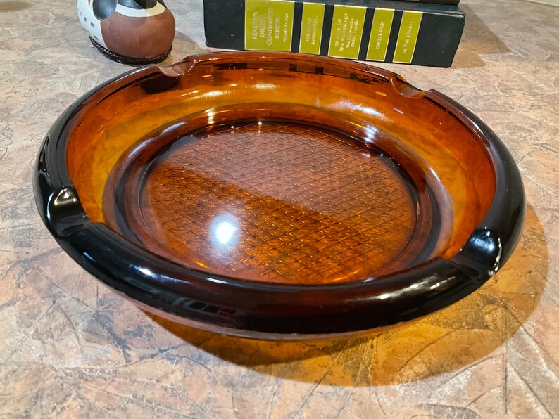 AMBER GLASS ASHTRAY Waffle Diamond Bottom Heavy, 8 In, Mid Century