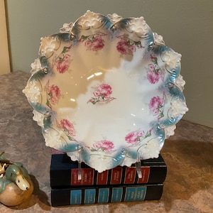 Austria MZ, Scalloped Bowl, Moritz Zdekauer, Pearly, Pink Roses, Large Vintage Dish, Austrian Antique