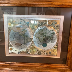 Een nieuwe en betrouwbare kaart van de wereld 1626 ingelijste foliekunst, vintage