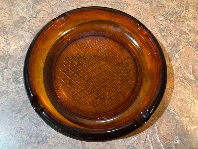 AMBER GLASS ASHTRAY Waffle Diamond Bottom Heavy, 8 In, Mid Century