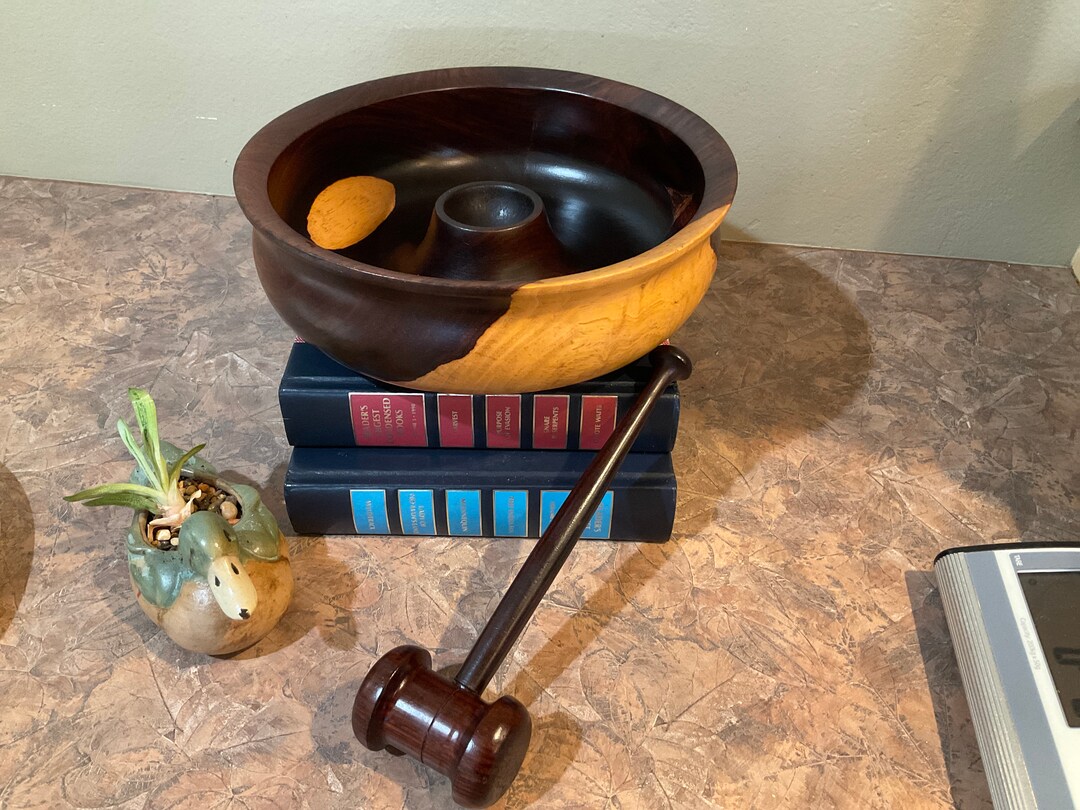 Nut Cracker Wooden Bowl and Mallet Two Tone Blond and Dark Etsy