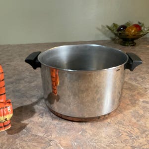 May include: A stainless steel cooking pot with a polished silver finish, two black plastic side handles, and a copper-coloured base. Next to the pot stands a tall, slender, hand-carved wooden cat figurine painted in orange with black stripes.
