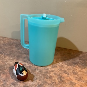 Può includere: Una caraffa di plastica turchese con un coperchio e un manico. La caraffa è appoggiata su un piano di lavoro marrone accanto a una piccola anatra di legno dipinta.