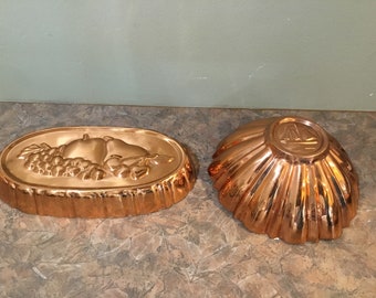 Old Copper Tin Lined, Aspic Mold, Raised Fruit Motif or sailboats  / Old Copper Mold / Vintage Kitchen Decor