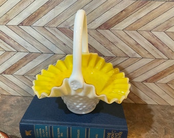 FENTON Yellow Milk glass Overlay hobnail Melon Basket, Rare