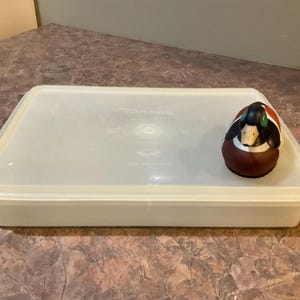 May include: A rectangular, off-white plastic storage container with a matching translucent lid. A small, decorative mallard duck figurine with a brown body, green head, and white neck ring is positioned on the right side of the container lid.