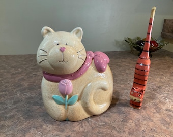 Tarro para galletas con forma de gato Treasure Craft Susan Marie Marrón anaranjado, gato atigrado 1968 Lipton Calif Tarro para galletas con forma de gato marrón, cerámica vintage