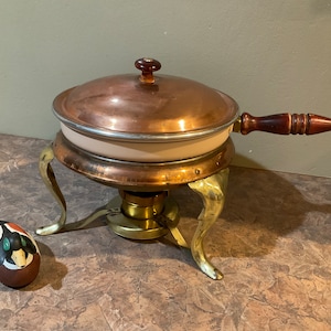 Globe-Ware Dish, Chafing Dish, Brass 5pcs Chafing Dish Pan Set w Wood Handle Double Boiler Fondue, 1960s