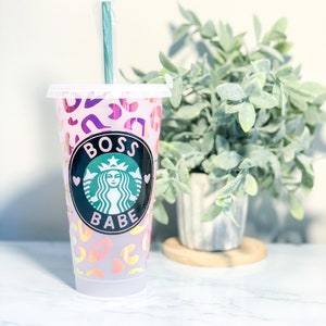 Personalized Boss Babe Holographic Leopard Print Venti Iced Starbucks Tumbler