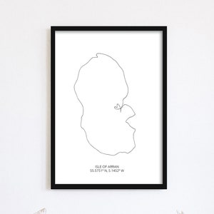 Isle of Arran Druck, minimalistische Zeichnung, Küstenwanddekor, maritime Kunst, Geschenk am Meer