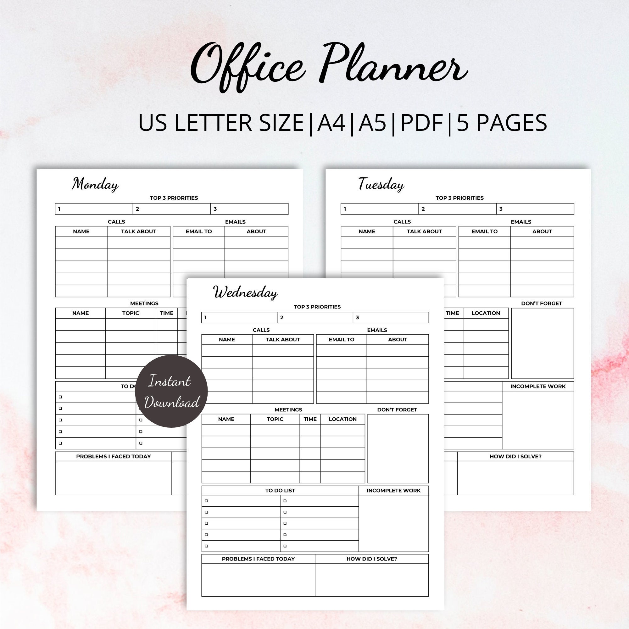 office planner work planner printable work day organizer etsy