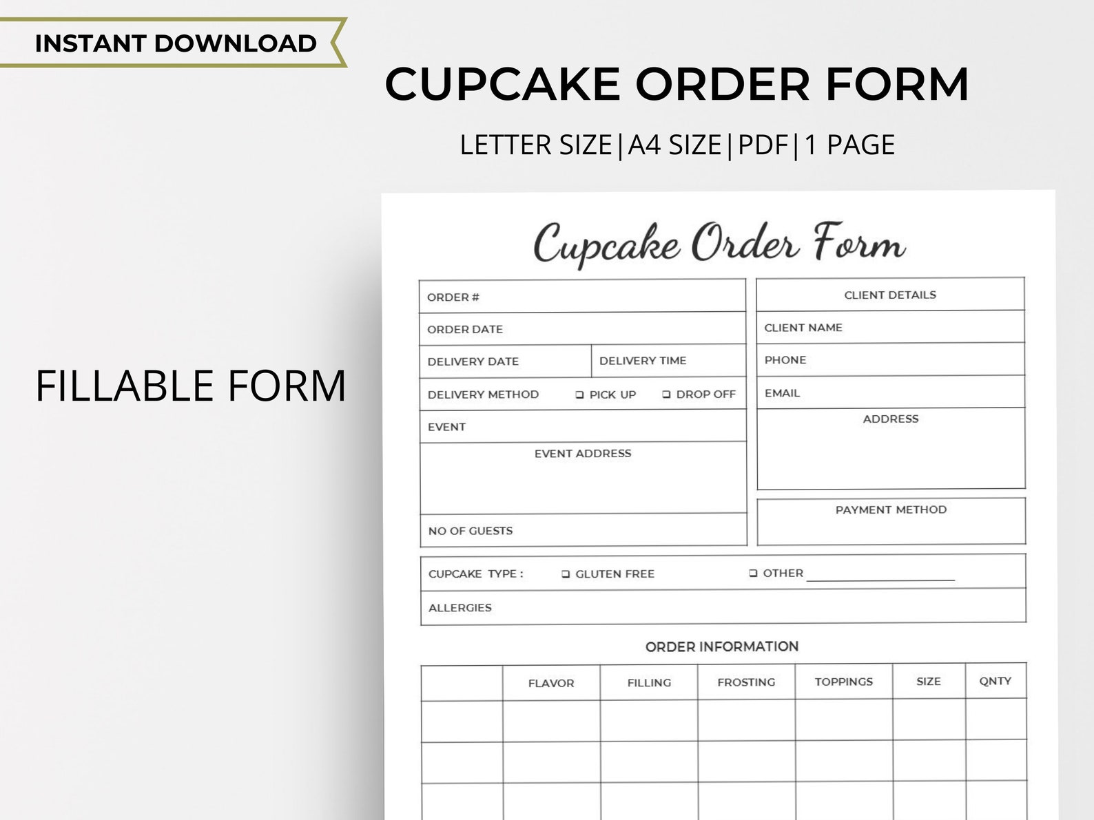 Editable Cake Order Form Cupcake Order Form Bakery Planner Etsy