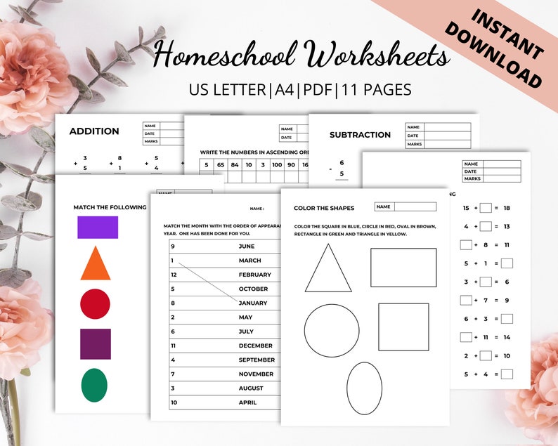 Homeschool Printable Worksheets for Kids Kindergarten Math Etsy
