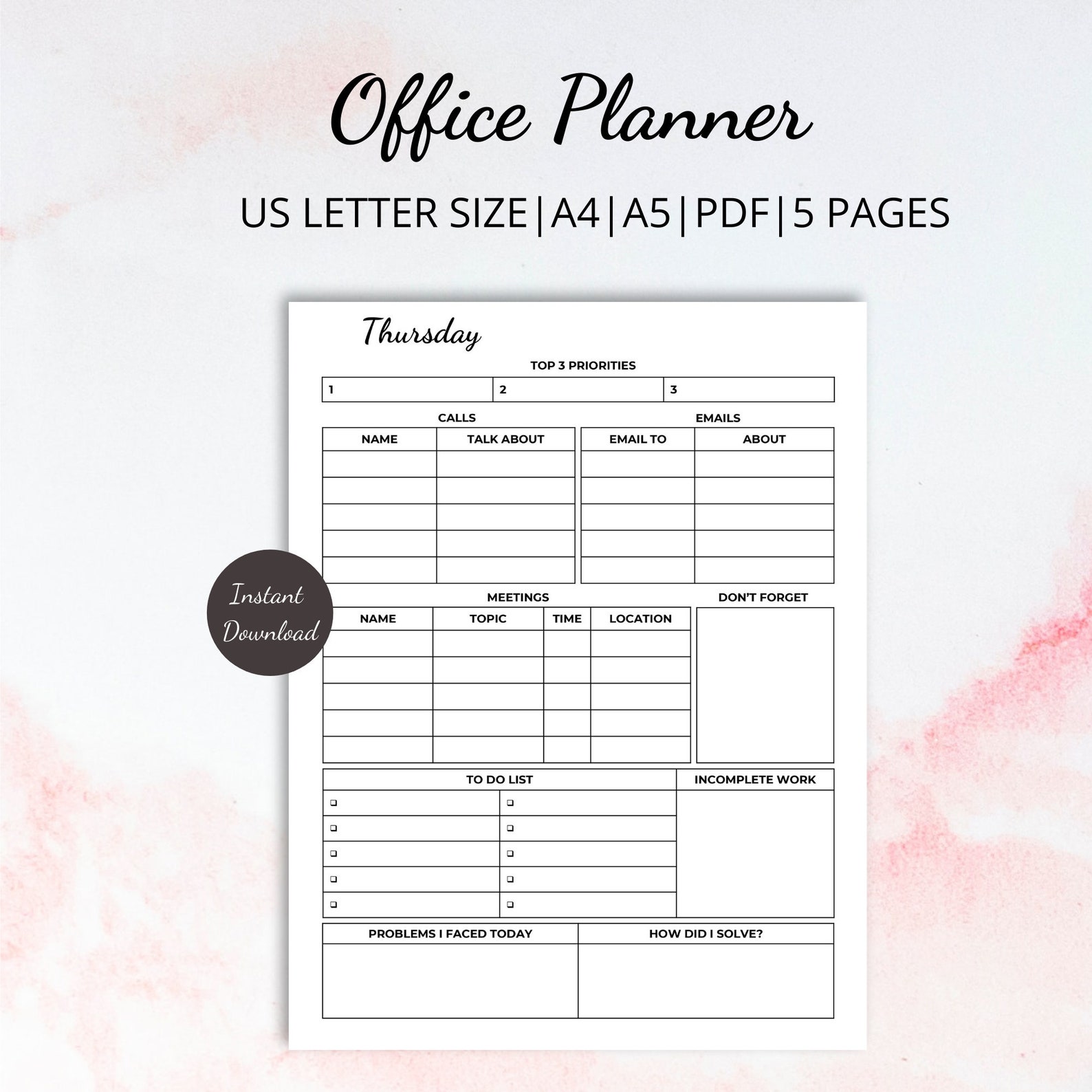 Office Planner Work Planner Printable Work Day Organizer Etsy