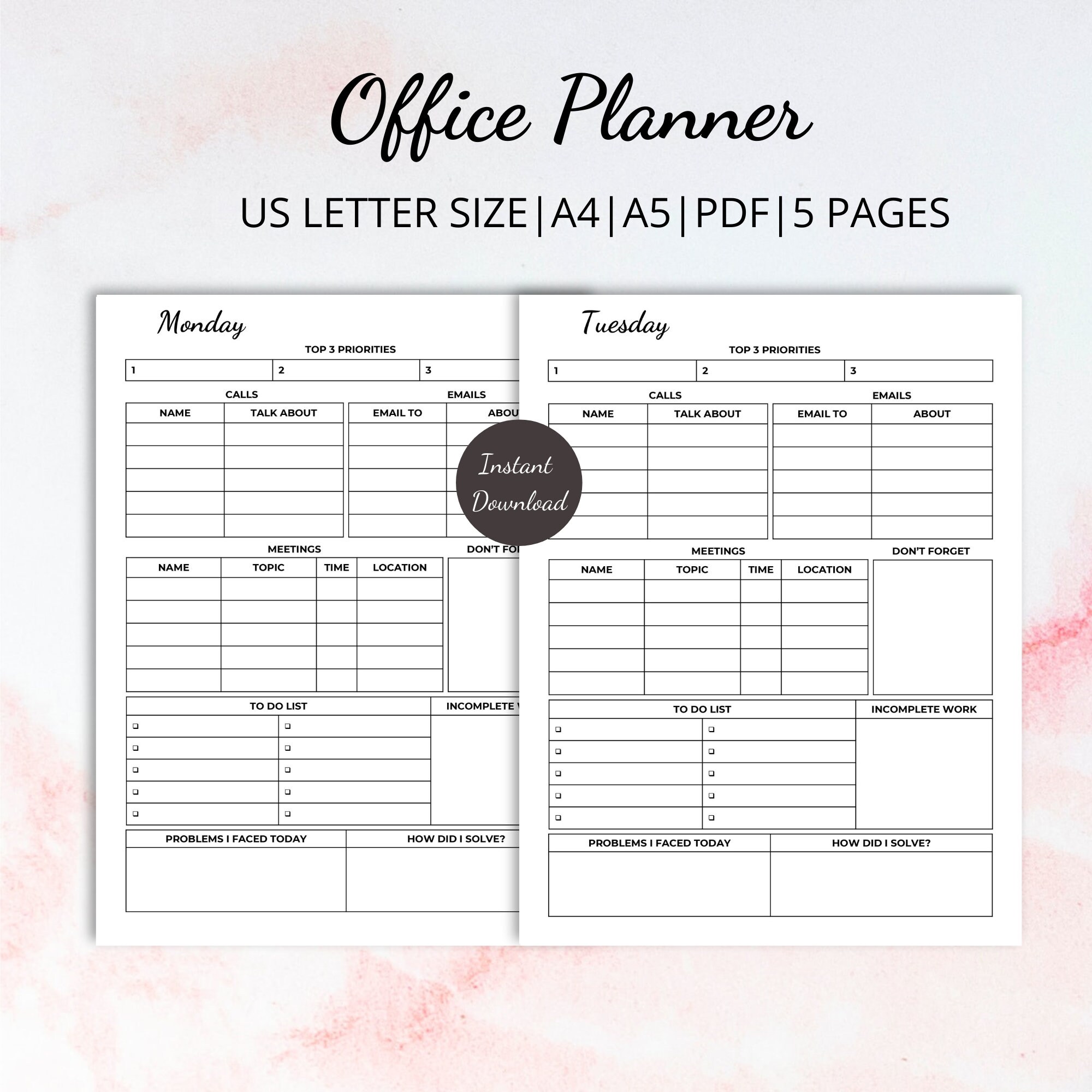 office planner work planner printable work day organizer etsy
