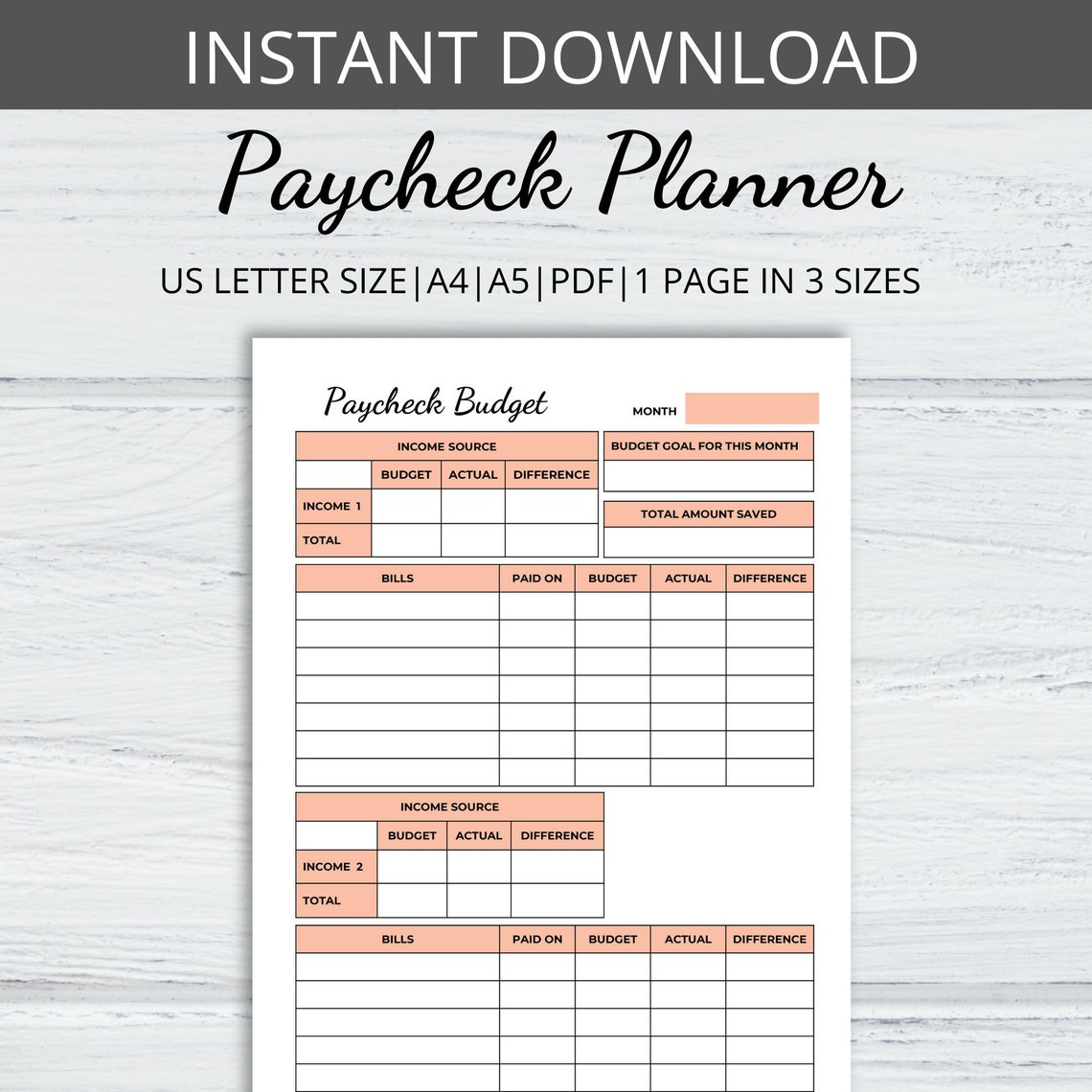 Paycheck Budget Template Monthly Budget Planner Printable - Etsy