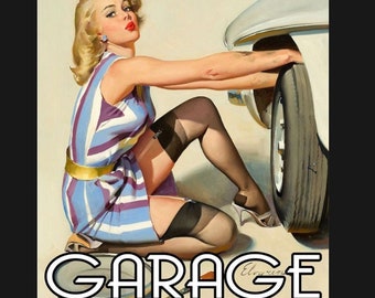 May include: Vintage-style illustration featuring a woman in a striped dress and heels, kneeling near a car tire. The word "GARAGE" is prominently displayed in a white outlined font. The artwork has a retro aesthetic.