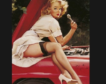 May include: A woman in a white dress and heels sits on the hood of a red car with the hood open. She is holding a wrench in her hand.