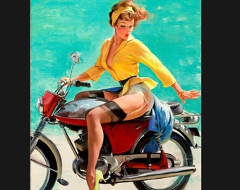 Vintage Pin Up on Motorbike metal Sign, pin up sign, vintage sign. Retro wall sign, Motorcycle sign