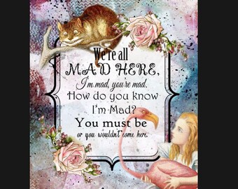 Alice in Wonderland Cheshire Cat, we’re all mad here metal sign , Alice sign. Retro wall sign, wall art, retro wall art
