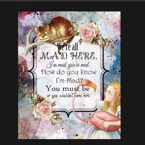 Alice in Wonderland Cheshire Cat, we’re all mad here metal sign , Alice sign. Retro wall sign, wall art, retro wall art