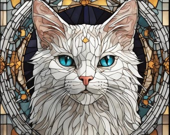 May include: A white cat with blue eyes is framed in a stained glass window. The cat's fur is white with a hint of gray, and the window is made of colorful glass.