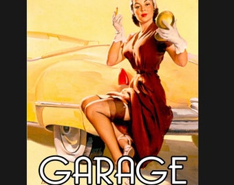 May include: A vintage style illustration of a woman in a red dress sitting on the back of a yellow car. The text "GARAGE" is printed below the car.