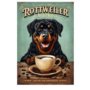 Könnte beinhalten: Ein Schild im Vintage-Stil mit einem Rottweiler-Hund mit einer Kaffeetasse und Untertasse auf einem Holztisch. Das Schild trägt die Aufschrift "Rottweiler Bistro" über dem Hund und "Savor the Happiness" darunter. Der Hintergrund ist türkis.