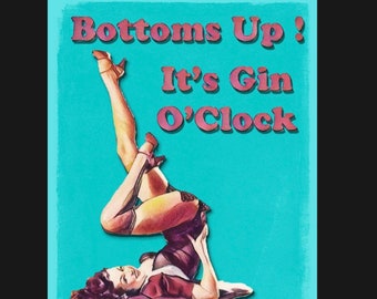 Vintage Bottoms Up Sign, Drink sign, vintage sign. Retro wall sign, Gin sign